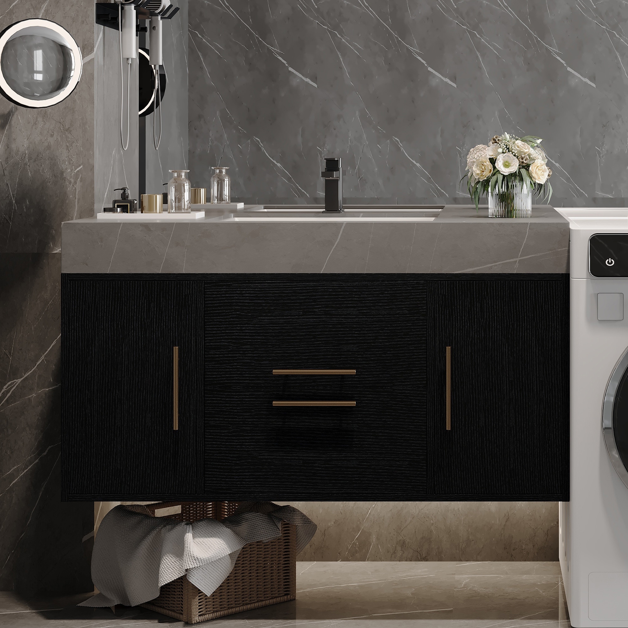 GDFStudio - Modern 39.4" Wall Mounted Floating Sintered Stone Bathroom Vanity with Seamless Ceramic Sink & Soft-Close Drawers