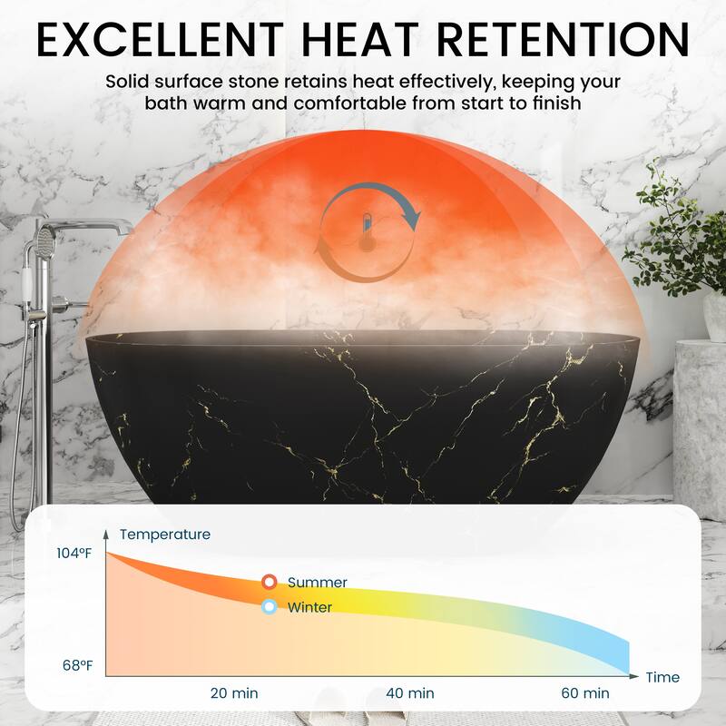 59 in Solid Surface Freestanding Soaking Bathtub in Matte Black with Sky Mirror Star River Marble Pattern, Center Drain