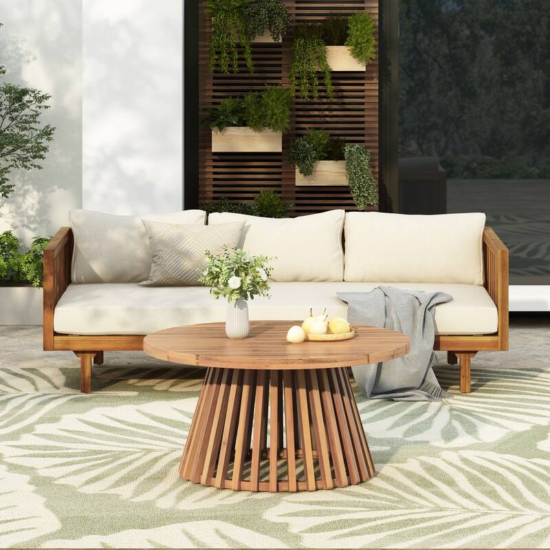 Christopher Knight Home - Claremont 3-Seater Daybed + Acacia Wood Table Patio Furniture Set - Beige Cushion