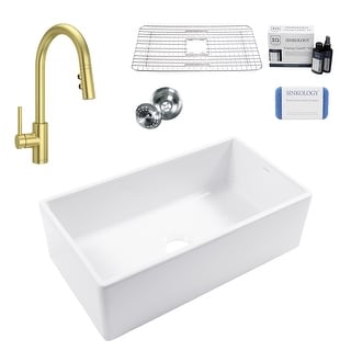 Sinkology Austen Crisp White Fireclay 33" Single Bowl Farmhouse Apron Kitchen Sink with Stellen Faucet Kit