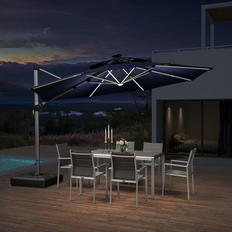 PURPLE LEAF 12 ft Double Top LED Round Patio Cantilever Umbrella - Navy Blue