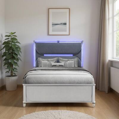 HomeRoots Silver and Gray Wood And Upholstery Lighted Queen Bed Frame