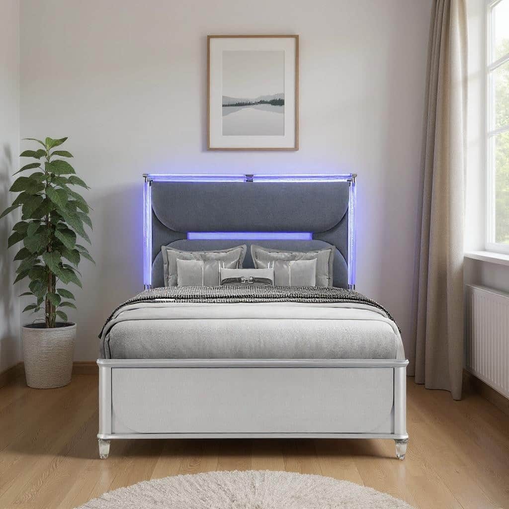 HomeRoots Silver and Gray Wood And Upholstery Lighted Queen Bed Frame