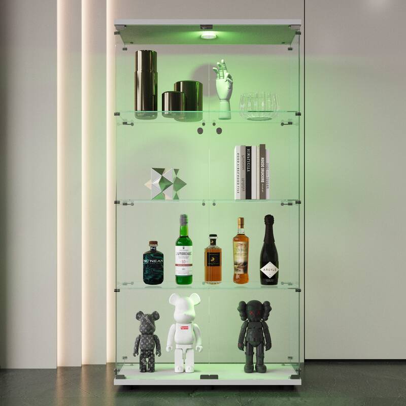 Two-Door LED Lights Glass Display Cabinet w/4 Shelves, Floor Standing Bookshelf for Living Room Bedroom Study or Collection Room