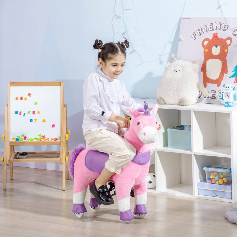 Pink Plush Steel Ride-On Unicorn with Pedal Motion and Smooth Wheels - 27.5" L x 12.5" W x 34.25" H