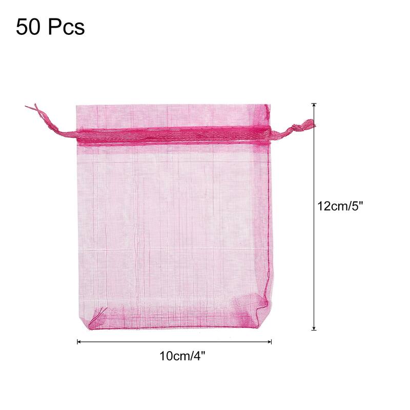 50pcs Organza Bags Drawstring Favor Pouches Sheer Mesh Bag for Wedding - Rose Red - 4 inch x 5 inch