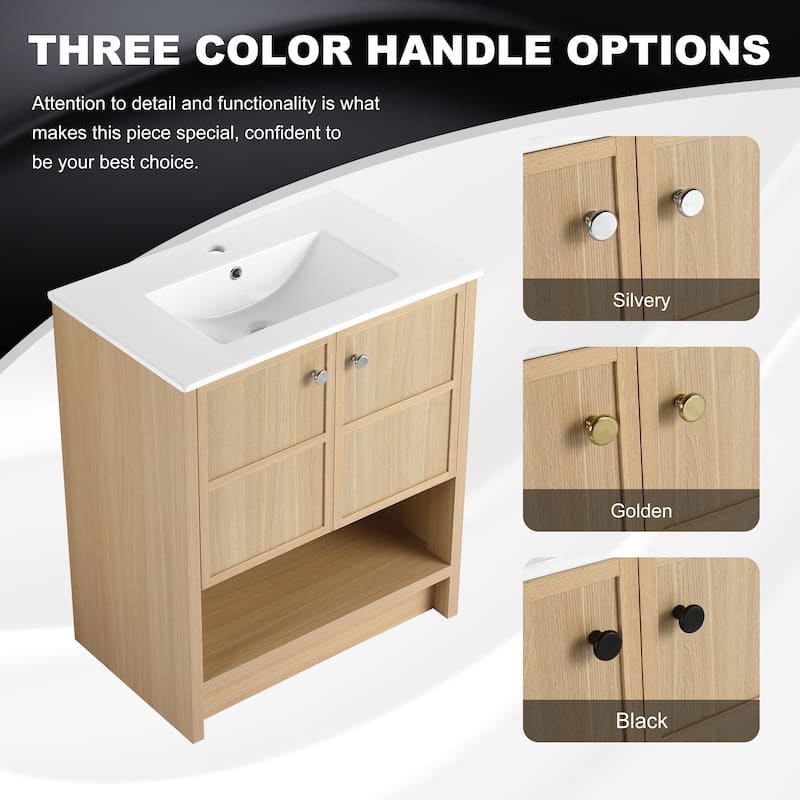 GDFStudio - Bergen Modern Minimalist Freestanding Bathroom Vanity Cabinet with Ceramic Sink, Soft Close Doors& Open Shelf - 30"