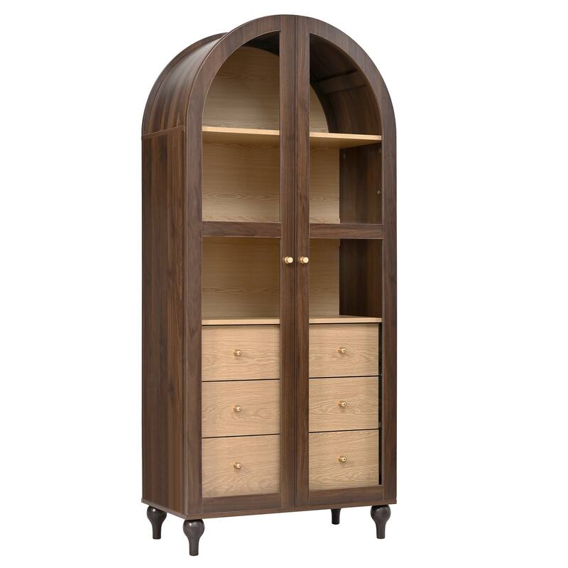 Christopher Knight Home - Farmhouse Arched Wood Kitchen Pantry Cabinet with Glass Doors & Hidden Drawers