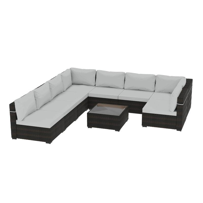 UPHA 9-piece Cushioned Wicker Patio Conversation Seating Set - Light Grey