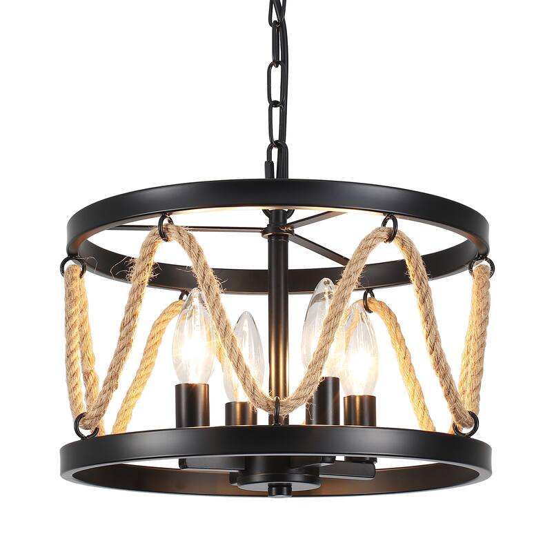 4-Light Drum-shaped Chandelier with Hemp Rope for Kitchen Living Room