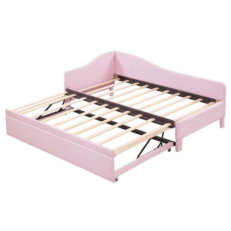 Twin Size Upholstered L-Shaped Upholstered Daybed with Pop Up Trundle, Pink