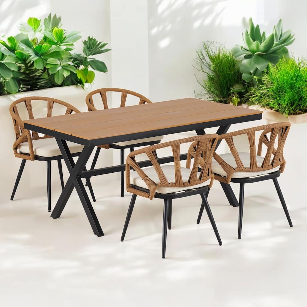 5-Piece Outdoor Dining Set with Plastic Wood Table & HDPE Chairs – Outdoor Set Iron Frame, Weather-Resistant, Seats 4
