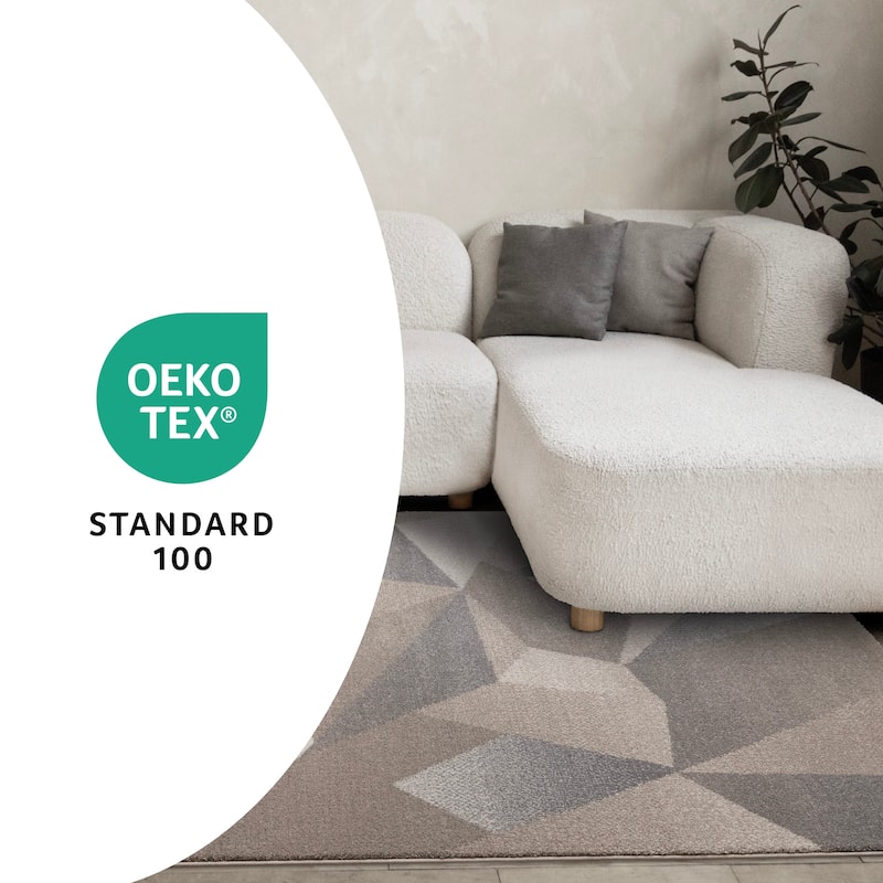 Taupe Beige Grey White Shattered Geometric Dense High-Traffic Rug