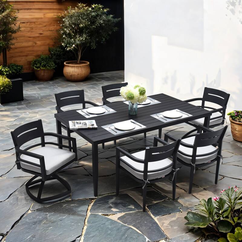 7-Piece Aluminum Dining Set - Rectangular Table with 4 Chairs and 2 Swivel Rockers, Ember Black - 70" D x 40" W x 28.74" H
