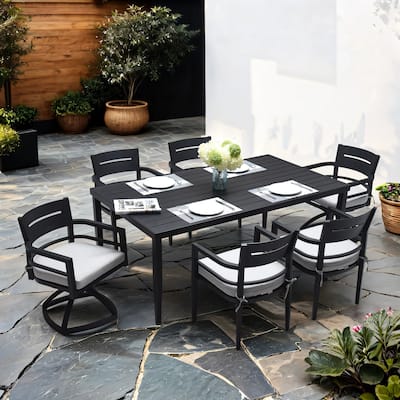 7-Piece Aluminum Dining Set - Rectangular Table with 4 Chairs and 2 Swivel Rockers, Ember Black - 70" D x 40" W x 28.74" H