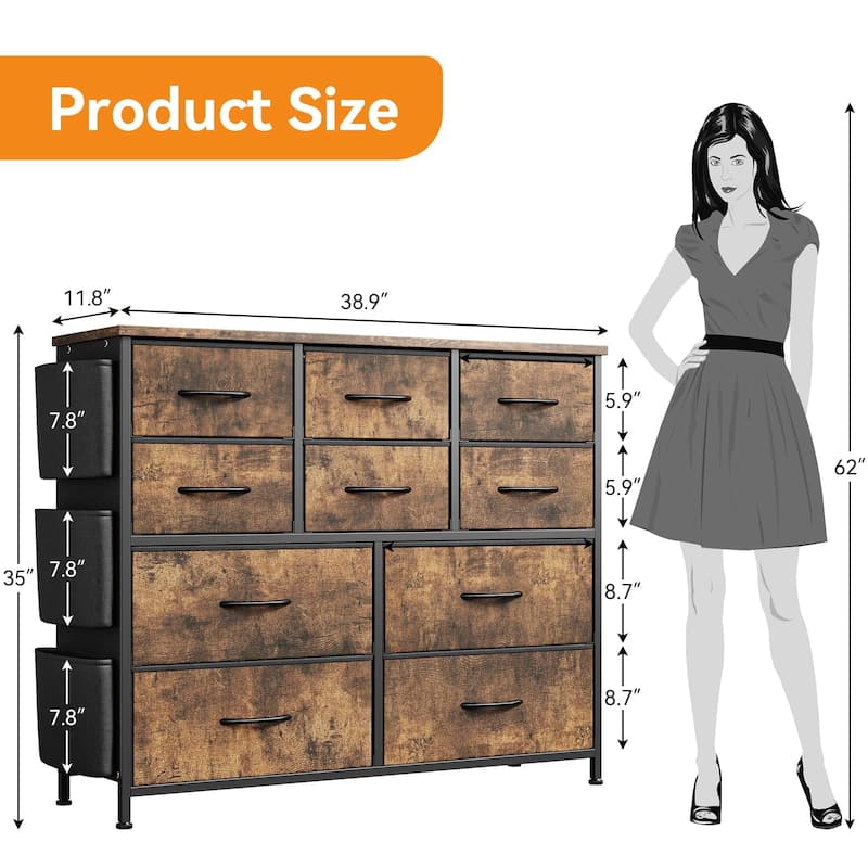 Fabric 10 Drawer Dresser for Bedroom, Metal Frame Storage Organizer Chest with Side Pockets, Hooks
