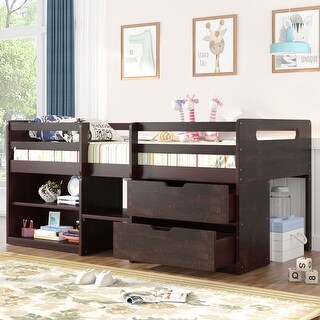 Wood Loft Bed Frame with 2 Shelves & Drawers, Twin Size Low Loft Bed ...