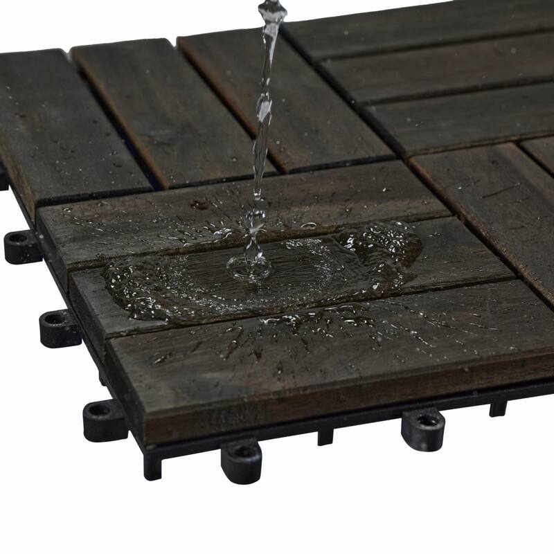 12" x 12" Dark Brown Acacia Wood Interlocking Deck Tiles Checker Pattern