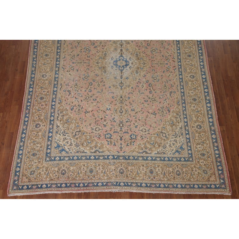 Vegetable Dye Distressed Mashad Persian Rug Antique Handmade Wool Carpet - 7'10" x 10'9"