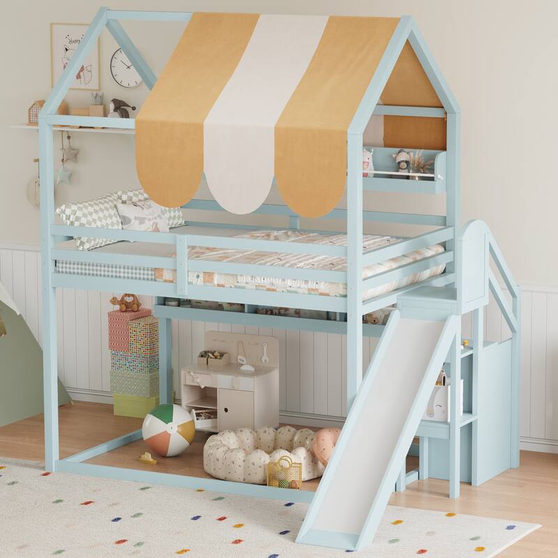 Full Size House Bed with Canopy, Slide & Built-in Bookshelves, Playhouse Bed Frame for Kids - Green - Full