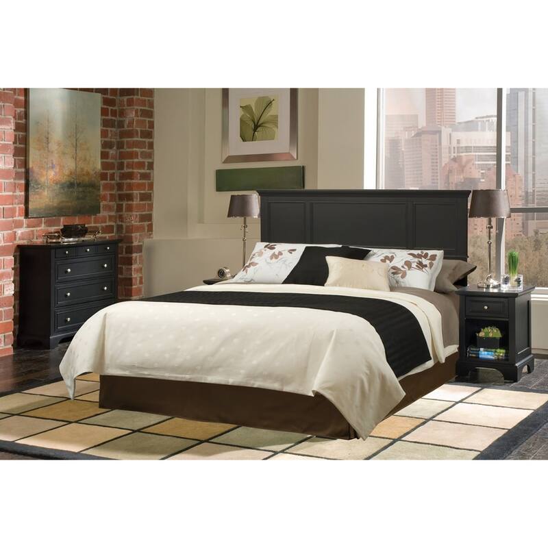 Homestyles Bedford 4- Piece Black Wood Queen Headboard, Two Nightstands and Chest Set