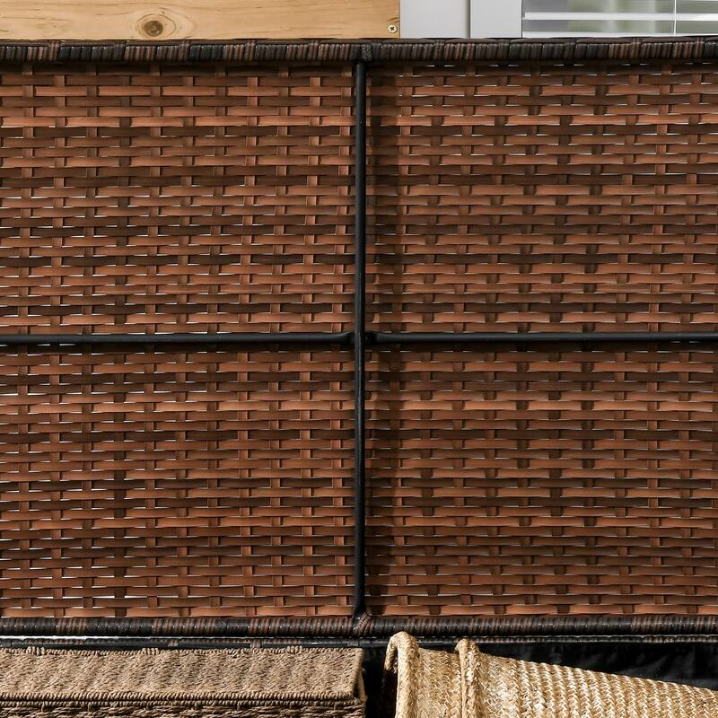 Brown Tropical Rattan Storage Deck Box with Hydraulic Lid, Under Shelf and Wheels for Patio Poolside