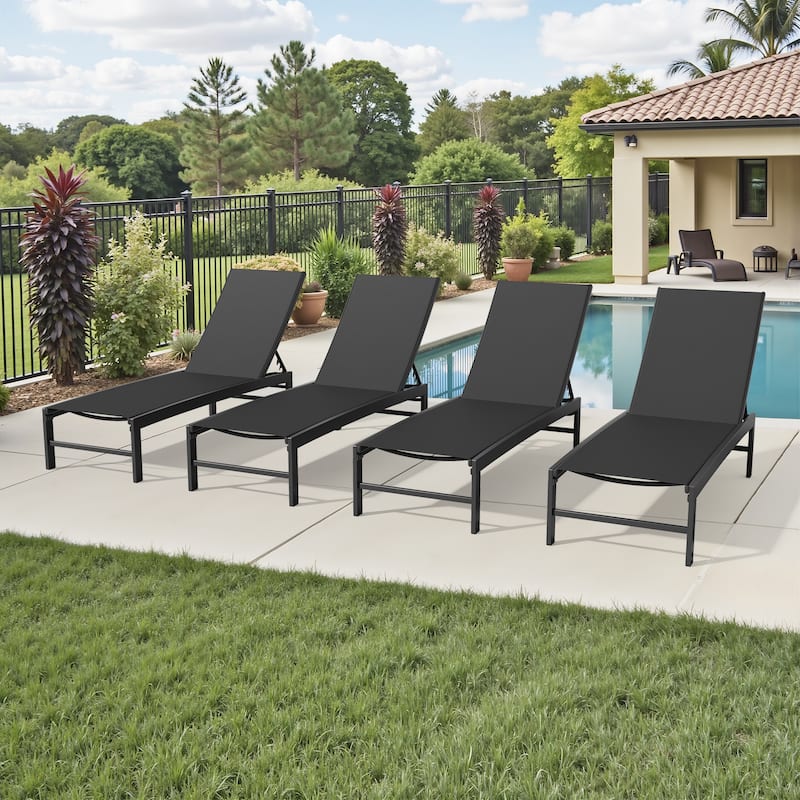Outdoor All-Weather Patio Chaise Lounge Chairs Sun Lounger with Adjustable Backrest - Black - 4PC