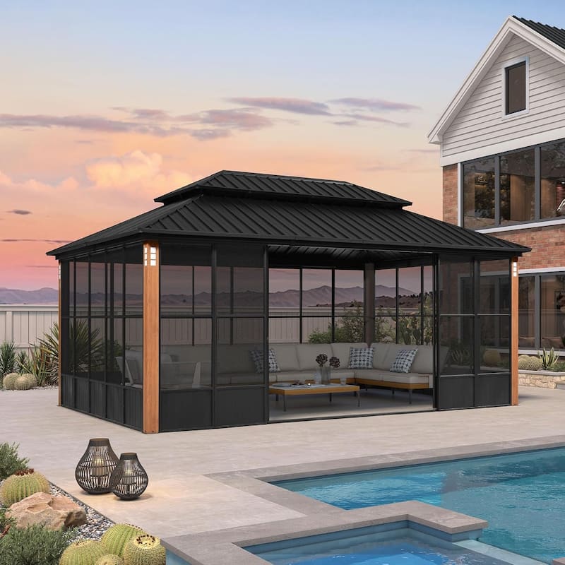 PURPLE LEAF Double Top Outdoor Wood Grain Sunroom All-Weather Screen House Patio Hardtop Gazebo