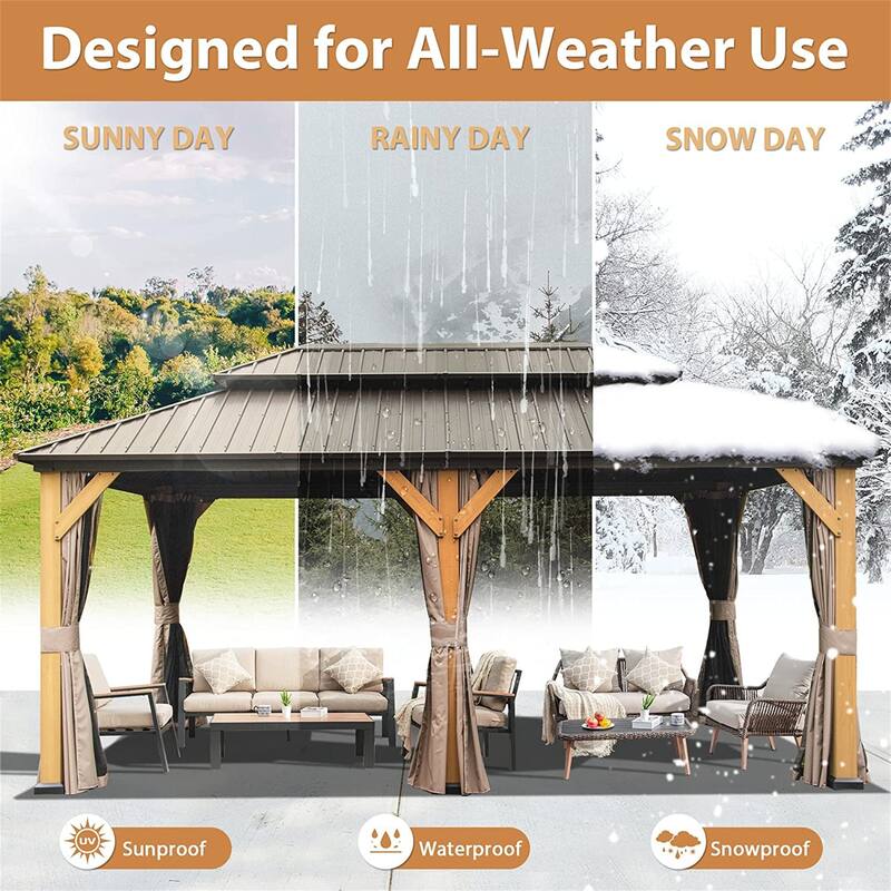 Outdoor Hardtop Gazebo Cedar Wood Frame Galvanized Steel Double Roof with Curtains and Netting