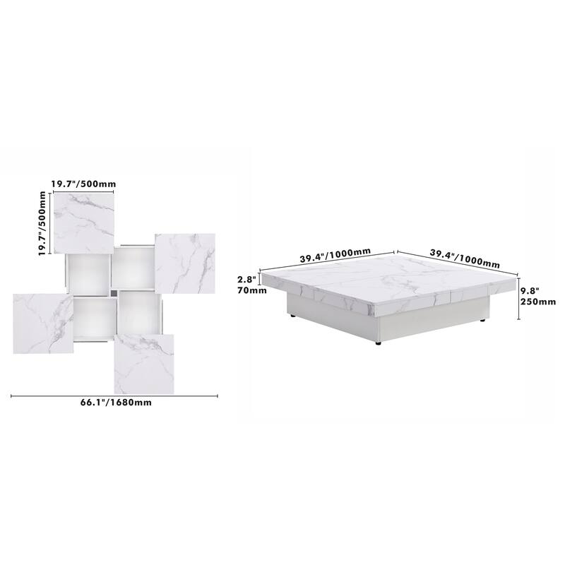 Modern Square Extendable Coffee Table with Sliding Top, Cocktail Table Center Table with 4 Hidden Storage Compartments for Home