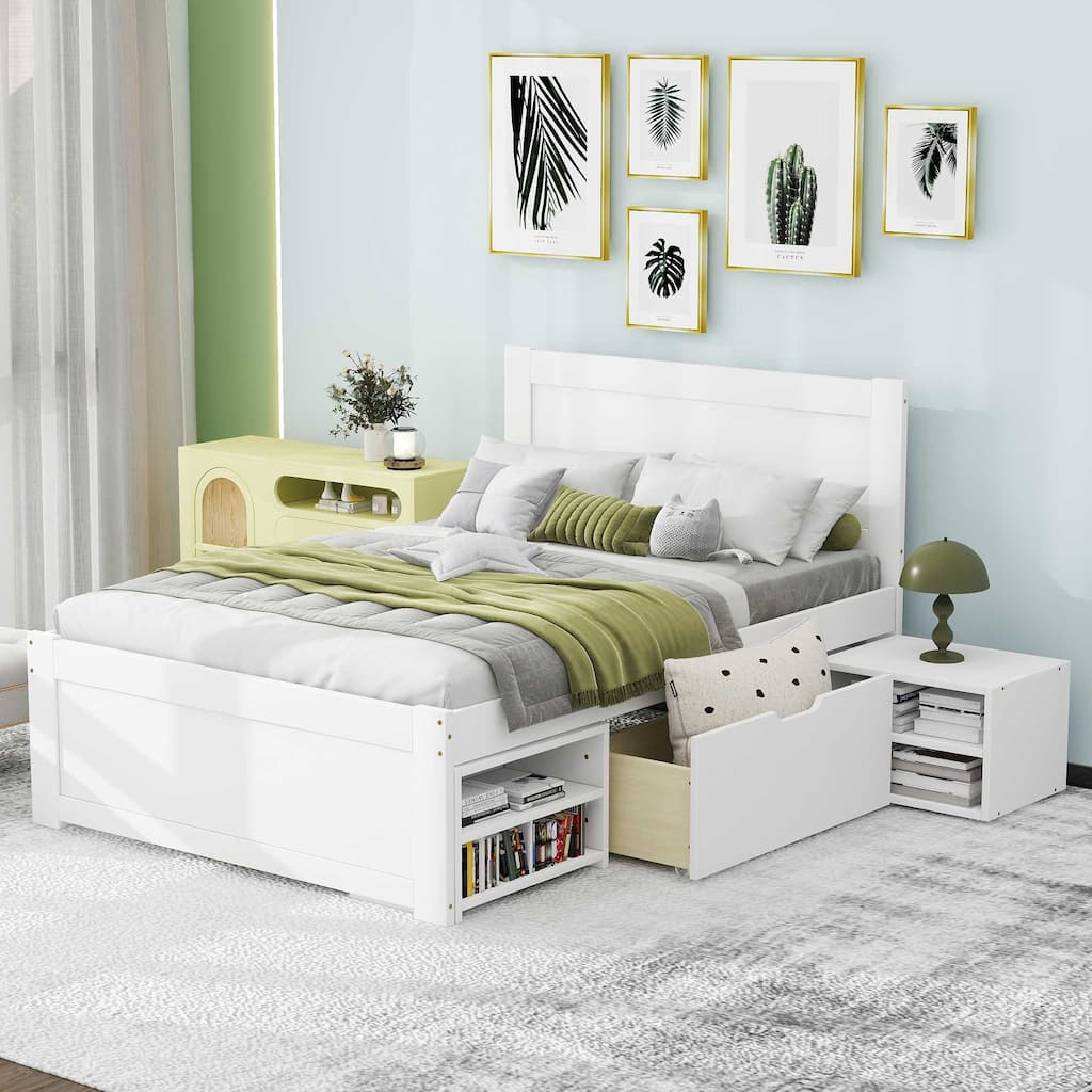 Twin/Full Size Platform Bed with Drawer and 2 Storage Shelves, Modern Bed Frame with Headboard and Large Storage Space