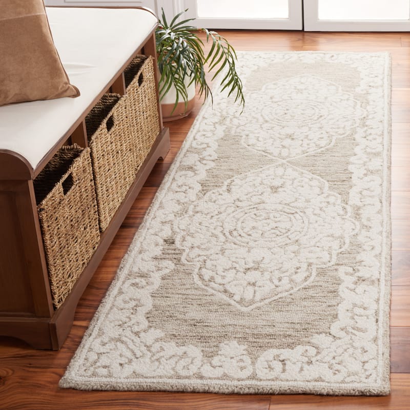 SAFAVIEH Handmade Abstract Kalyani Medallion Wool Rug - 2'3" x 8' Runner - Beige/Ivory