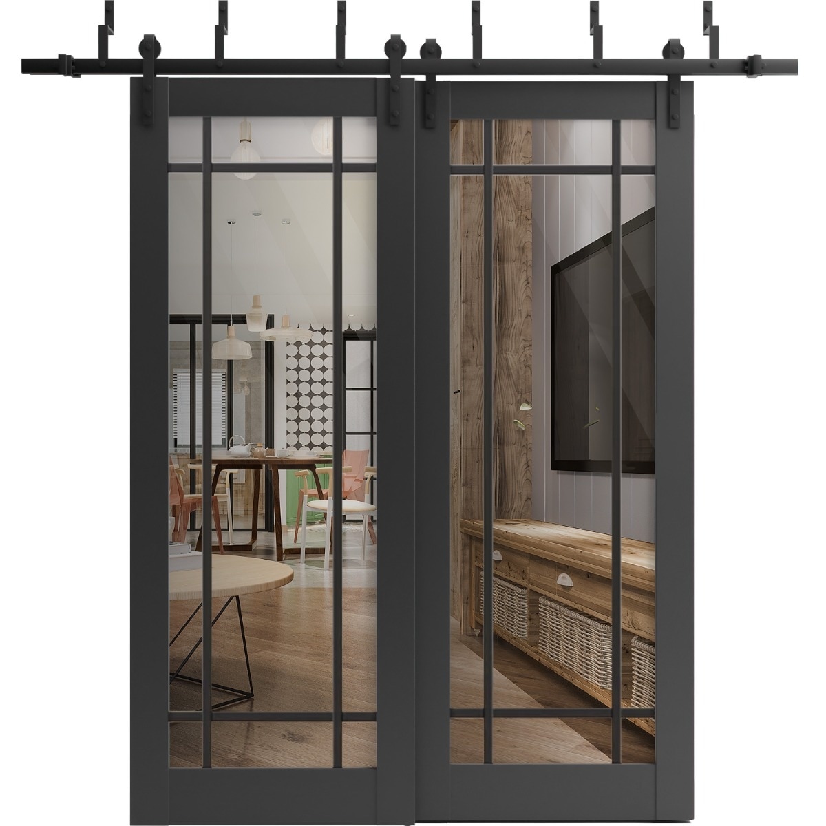 SARTODOORS Lucia 2266 Black Matte Wood Barn Bypass Doors with Clear Glass