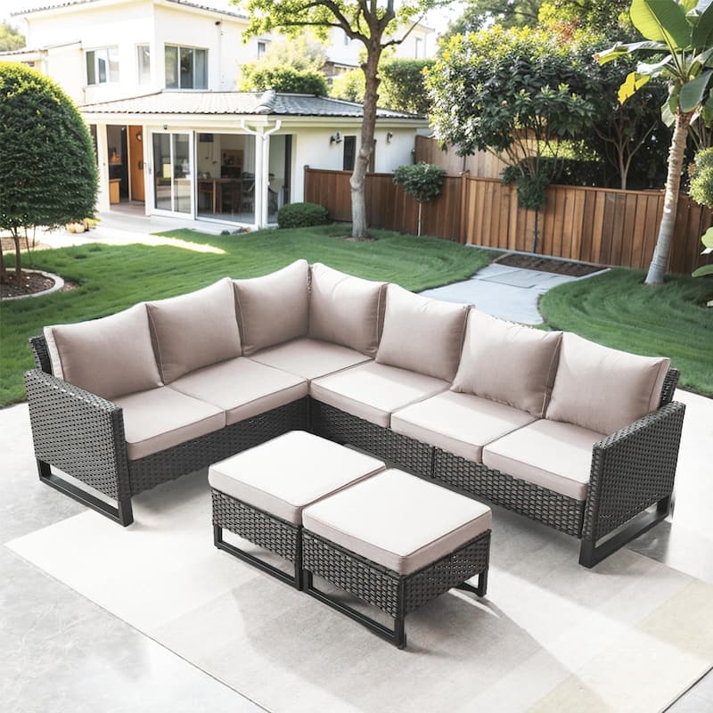 Outdoor Sectional Sofa Wicker Patio Conversation Sofa Set - Beige - Brown