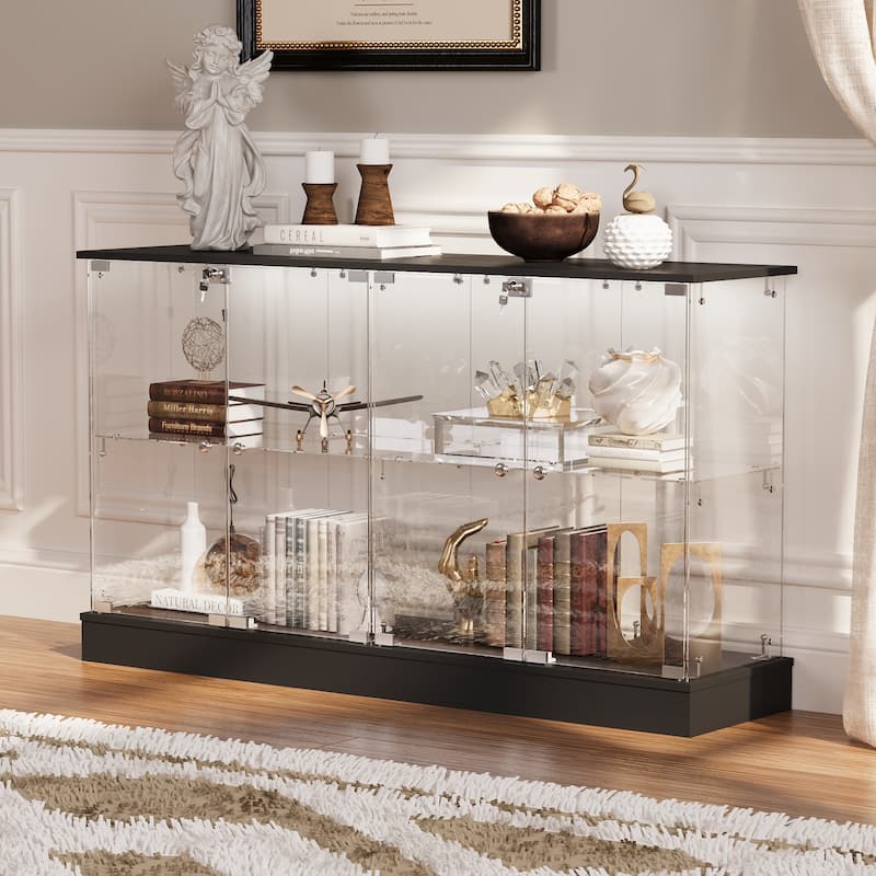 Black Bookcase Glass Display Cabinet with LED Lights, Modern Storage Showcase for Bags, Shoes, Liquor & Collectibles