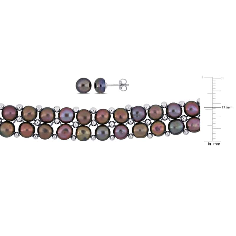 Miadora Black Cultured Freshwater Pearl Double Row Strand Jewelry Set Sterling Silver
