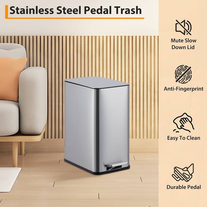 2.6 Gallon Kitchen Stainless Steel Trash Can with Soft Lid and Removable Inner Bucket, Suitable