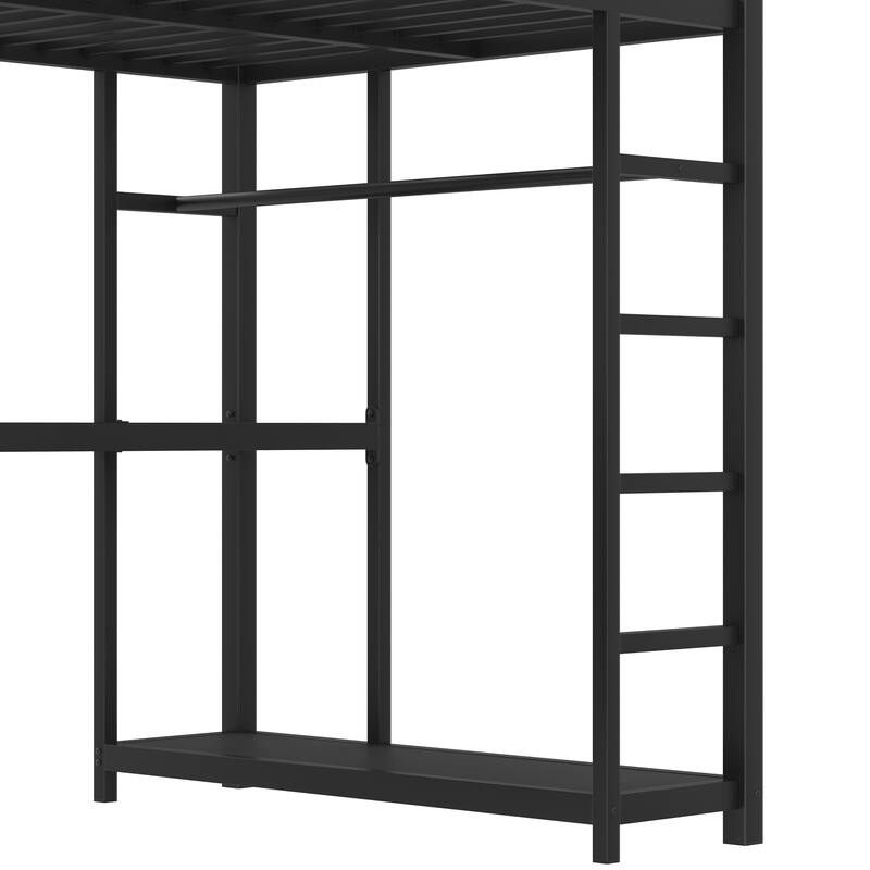 Roomfitters Metal Loft Bed with Wardrobe and L-Shaped Desk, Storage Shelves, Black