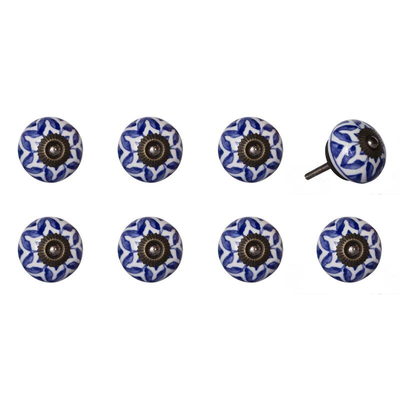 Set of 8 Blue White Round Ceramic Drawer Pull Knobs with Backplate for Traditional Botanical Furniture - 1.5” x 1.5” x 1.5”