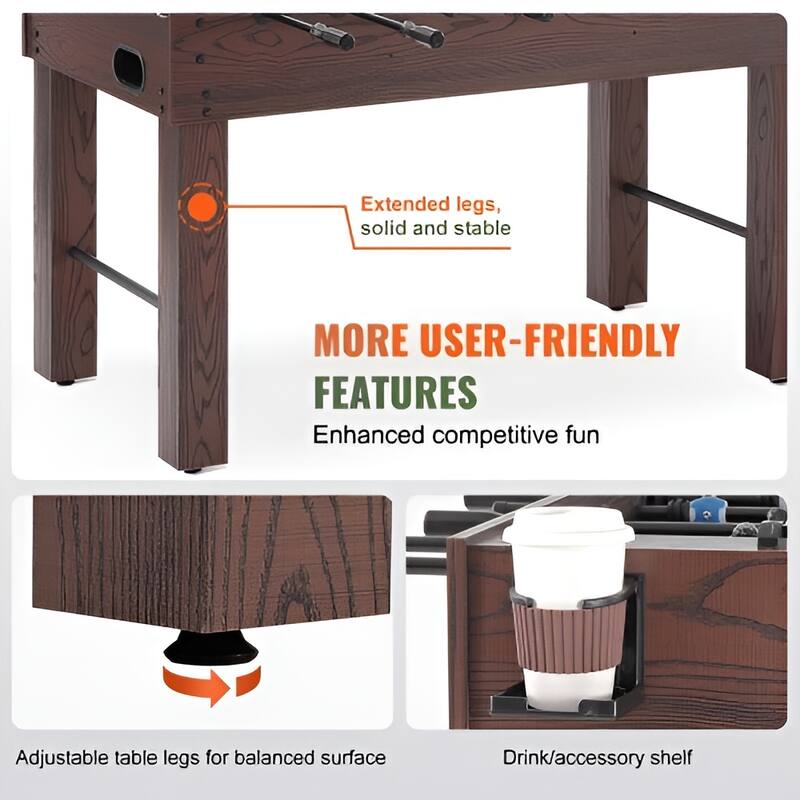Black-Brown MDF Foosball Table with Cup Holders and Scorekeeper - 54” L x 29” W x 34.6” H