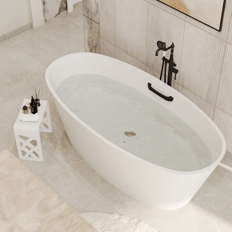 63 in. x 30 in. Solid Surface Stone Resin Freestanding Soaking Bathtub in. White with Tub Grab Bar and Drain Assembly
