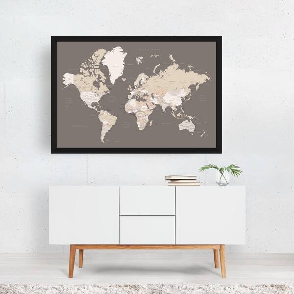 Brown World Map with Cities Maps Rustic Vintage Art Print/Poster - Bed ...