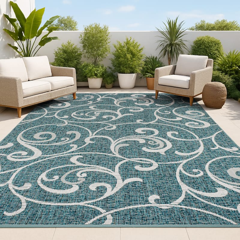 JONATHAN Y Isla Traditional Classic All-Over Scroll Green/Cream Indoor/Outdoor Area Rug