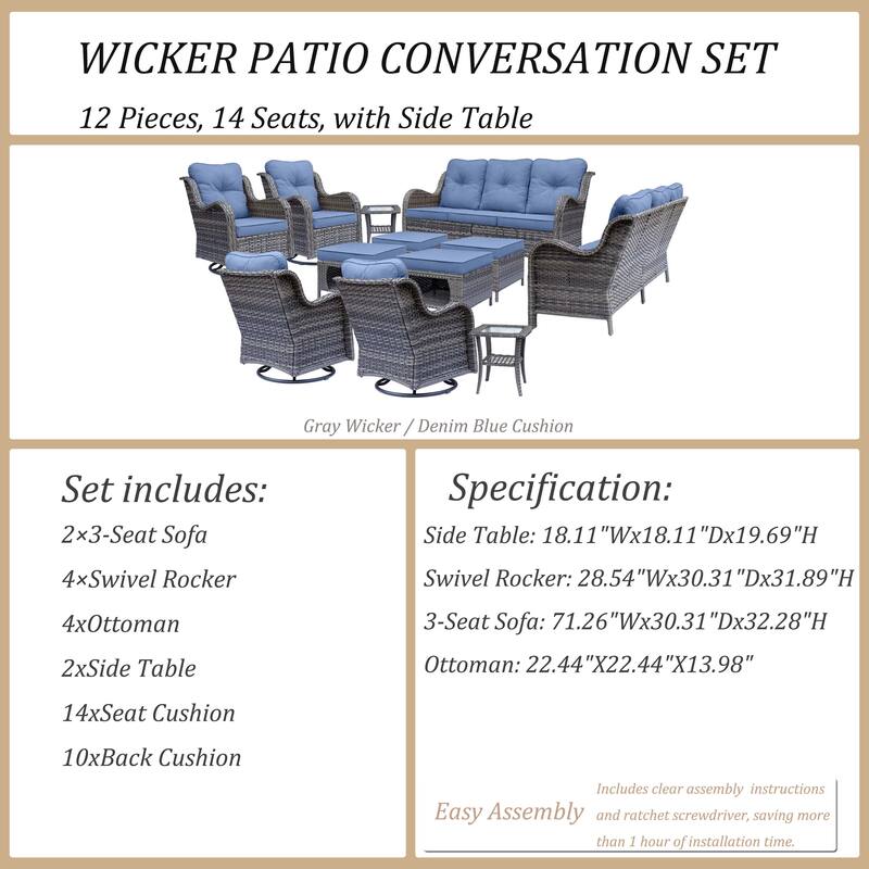 Outdoor Wicker Patio Conversation Seating Sofa Sets with Swivel Chairs
