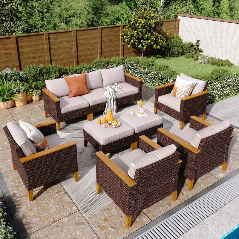 9-Piece Outdoor Wicker Sectional Sofa Patio Furniture Luxury Conversation Set, Beige Cushion - 9-Seat - Type E