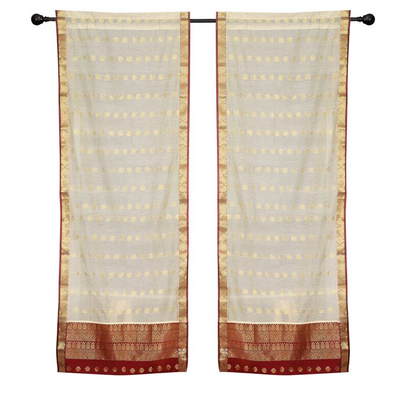 2 Cream Bohemian Indian Sari Curtains Rod Pocket Living Room Window Treatment - 43" W X 96" L (Lined) - 96 Inches