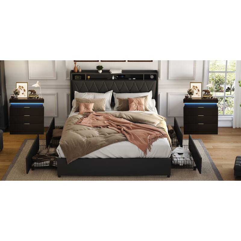3-Pieces Bedroom Sets,Metal Bed Frame with Outlets, Charger, 4 drawers and Two Nightstands with Charging Station and LED Lights - Black - Full