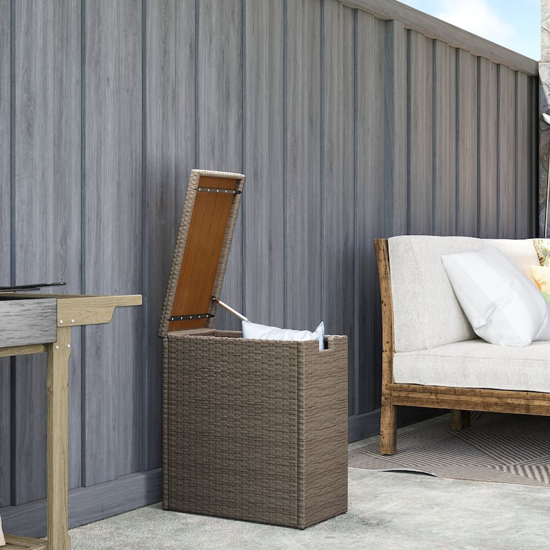 Outsunny 17-Gallon Small Deck Box, UV Resistant Wicker Outdoor Storage Box with Slatted Acacia Wood Top - Teak