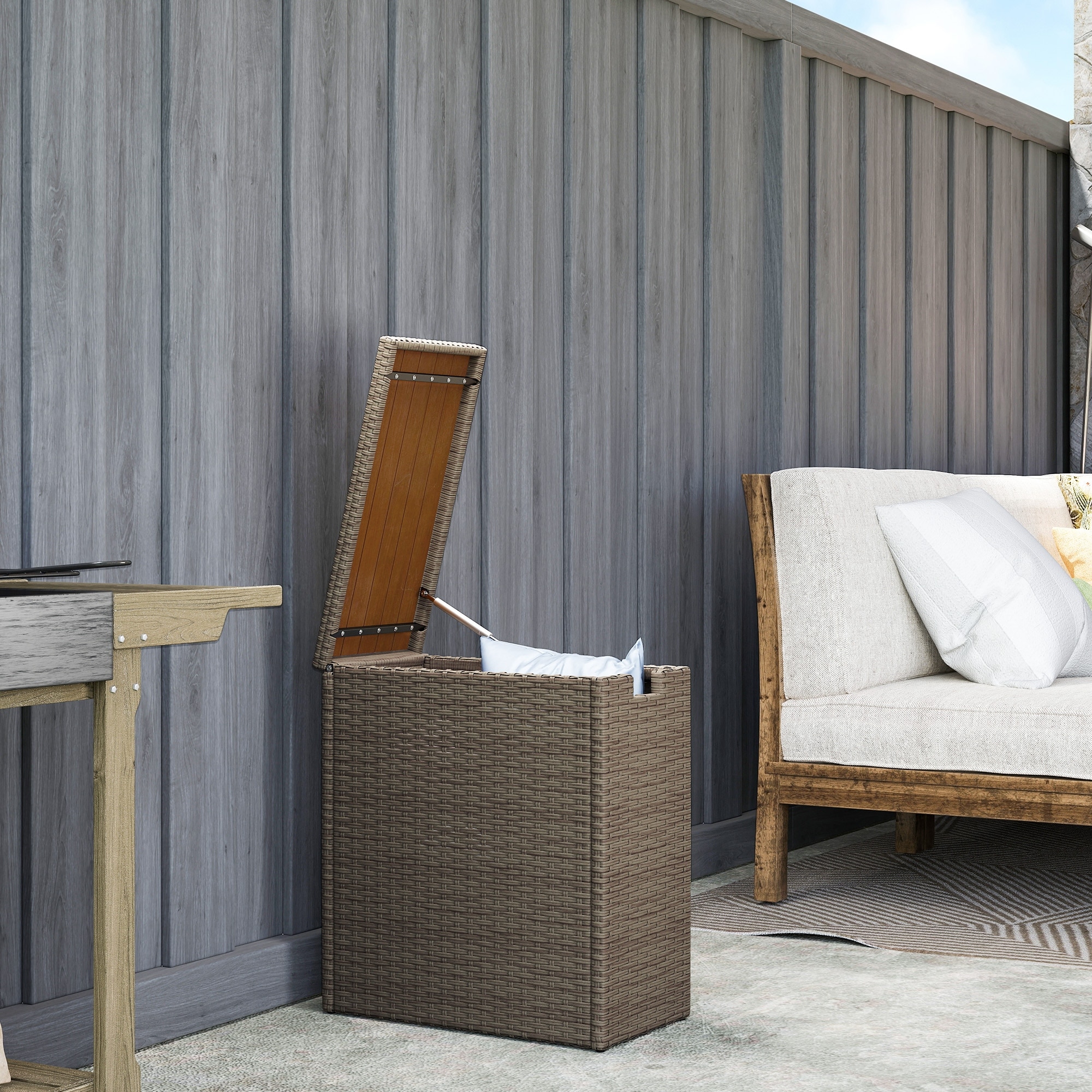 Outsunny 17-Gallon Small Deck Box, UV Resistant Wicker Outdoor Storage Box with Slatted Acacia Wood Top