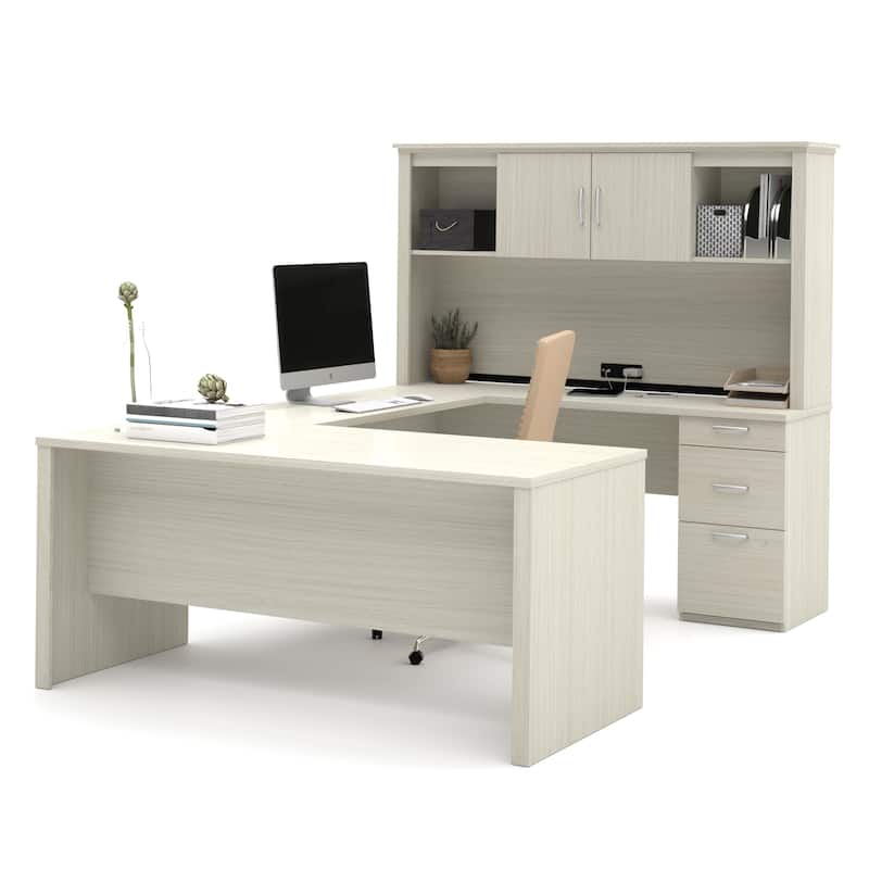 Logan U or L-Shaped Executive Office Desk with Hutch by Bestar - White Chocolate